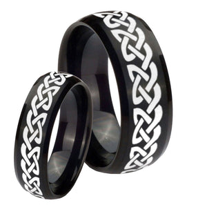 His Hers Celtic Knot Love Dome Brush Black Tungsten Mens Ring Personalized Set