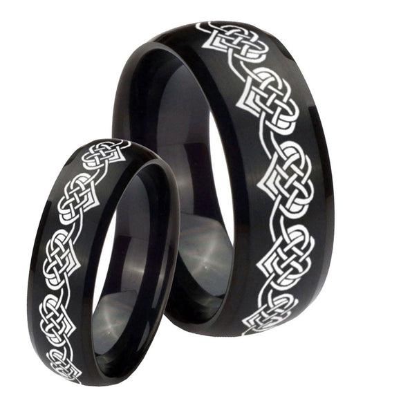 His Hers Celtic Knot Heart Dome Brush Black Tungsten Mens Ring Personalized Set