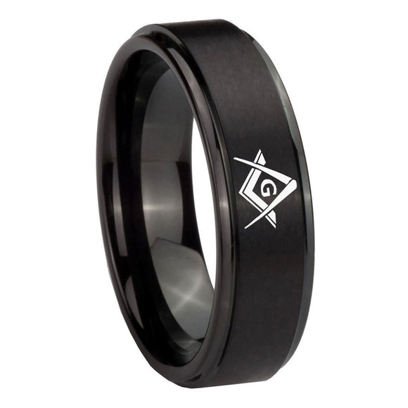10mm Freemason Masonic Step Edges Brush Black Tungsten Carbide Men's Bands Ring