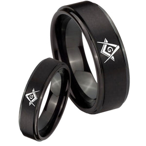 His and Hers Freemason Masonic Step Edges Brush Black Tungsten Mens Ring Set