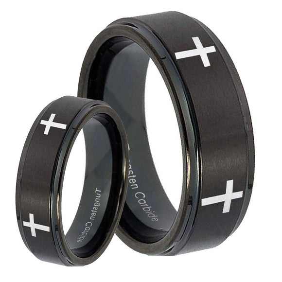 Bride and Groom Crosses Step Edges Brush Black Tungsten Carbide Men's Ring Set