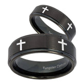 Bride and Groom Crosses Step Edges Brush Black Tungsten Carbide Men's Ring Set