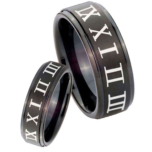 His Hers Roman Numeral Step Edges Brush Black Tungsten Mens Ring Engraved Set