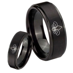 His Hers Fleur De Lis Step Edges Brush Black Tungsten Mens Wedding Ring Set