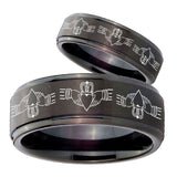 His Hers Irish Claddagh Step Edges Brush Black Tungsten Mens Ring Set