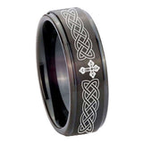 10mm Celtic Cross Step Edges Brush Black Tungsten Carbide Men's Engagement Ring