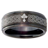 10mm Celtic Cross Step Edges Brush Black Tungsten Carbide Men's Engagement Ring