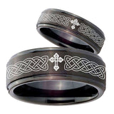 His Hers Celtic Cross Step Edges Brush Black Tungsten Mens Wedding Band Set