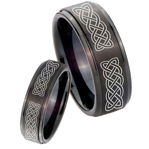 His Hers Celtic Knot Step Edges Brush Black Tungsten Men's Wedding Band Set