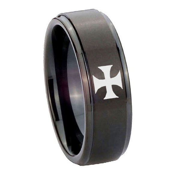 10mm Maltese Cross Step Edges Brush Black Tungsten Carbide Mens Ring