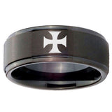 10mm Maltese Cross Step Edges Brush Black Tungsten Carbide Mens Ring