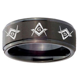 10mm Master Mason Masonic  Step Edges Brush Black Tungsten Carbide Men's Ring