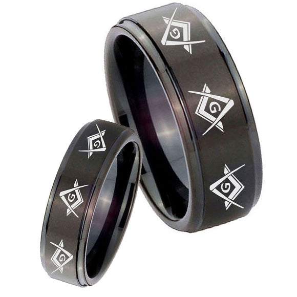 His Hers Master Mason Masonic  Step Edges Brush Black Tungsten Ring Set