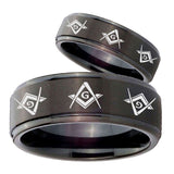His Hers Master Mason Masonic  Step Edges Brush Black Tungsten Ring Set