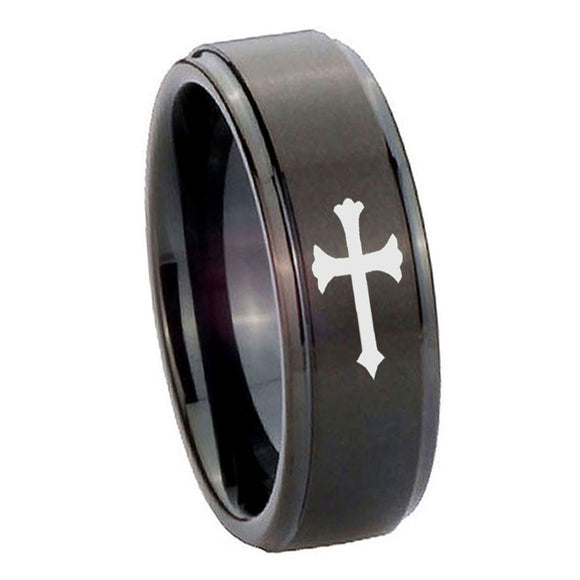 10mm Christian Cross Step Edges Brush Black Tungsten Carbide Mens Ring Engraved