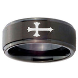 10mm Christian Cross Step Edges Brush Black Tungsten Carbide Mens Ring Engraved