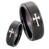 His Hers Christian Cross Step Edges Brush Black Tungsten Promise Ring Set