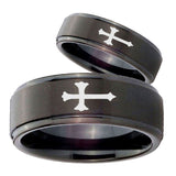 His Hers Christian Cross Step Edges Brush Black Tungsten Promise Ring Set