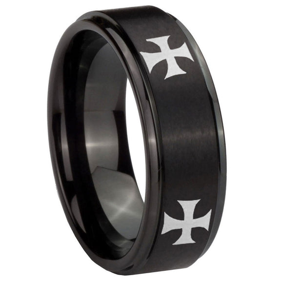 10mm 4 Maltese Cross Step Edges Brush Black Tungsten Carbide Men's Bands Ring