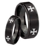 His and Hers 4 Maltese Cross Step Edges Brush Black Tungsten Mens Ring Set