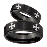 His and Hers 4 Maltese Cross Step Edges Brush Black Tungsten Mens Ring Set