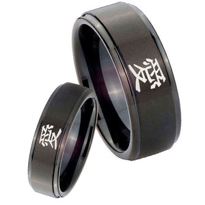 His Hers Kanji Love Step Edges Brush Black Tungsten Wedding Band Mens Set