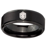 10mm Chief Master Sergeant Vector Step Edges Brush Black Tungsten Mens Ring