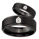 His Hers Army Sergeant Major Step Edges Brush Black Tungsten Men's Ring Set