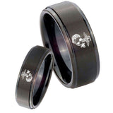 Bride and Groom Marine Step Edges Brush Black Tungsten Wedding Band Ring Set