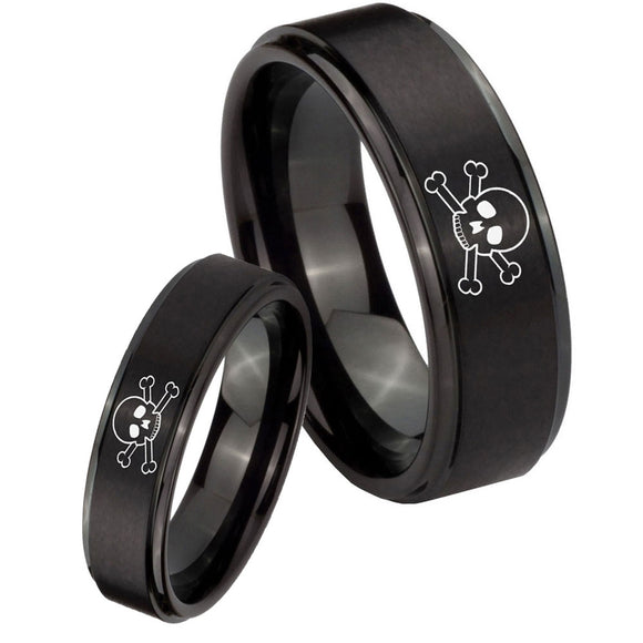 Bride and Groom Skull Step Edges Brush Black Tungsten Engagement Ring Set