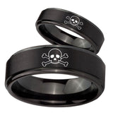Bride and Groom Skull Step Edges Brush Black Tungsten Engagement Ring Set