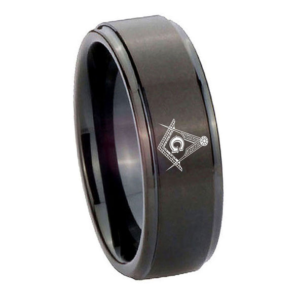 10mm Master Mason Step Edges Brush Black Tungsten Carbide Personalized Ring