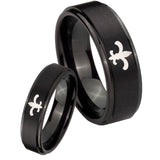 Bride and Groom Fleur De Lis Step Edges Brush Black Tungsten Bands Ring Set