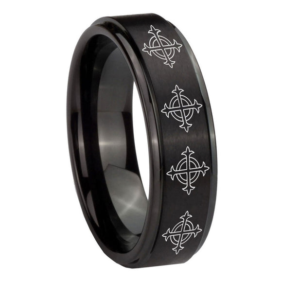 10mm Multiple Crosses Step Edges Brush Black Tungsten Carbide Wedding Band Ring
