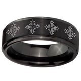 10mm Multiple Crosses Step Edges Brush Black Tungsten Carbide Wedding Band Ring