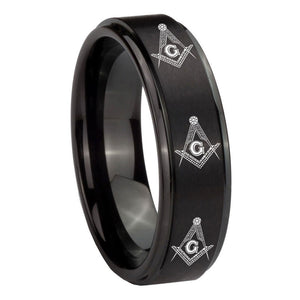 10mm Multiple Master Mason Masonic Step Edges Brush Black Tungsten Mens Ring