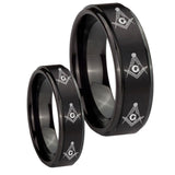 His Hers Multiple Master Mason Masonic Step Edges Brush Black Tungsten Mens Ring Set