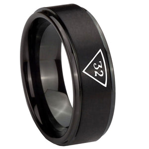 10mm Masonic 32 Triangle Freemason Step Edges Brush Black Tungsten Carbide Mens Engagement Band