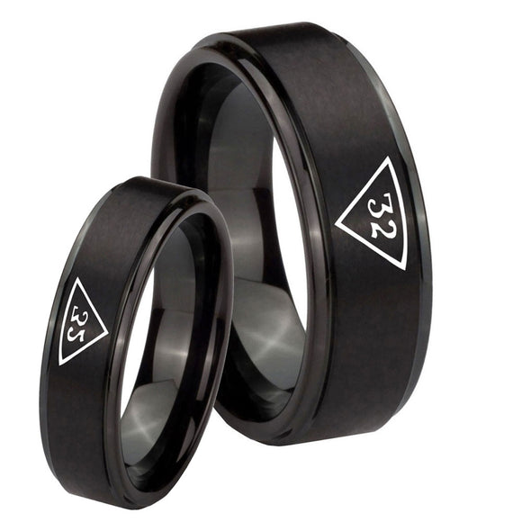 Bride and Groom Masonic 32 Triangle Freemason Step Edges Brush Black Tungsten Carbide Men's Ring Set