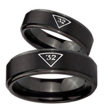 Bride and Groom Masonic 32 Triangle Freemason Step Edges Brush Black Tungsten Carbide Men's Ring Set