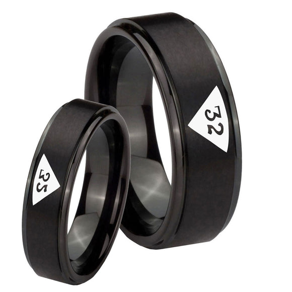 Bride and Groom Masonic 32 Triangle Design Freemason Step Edges Brush Black Tungsten Carbide Men's Ring Set