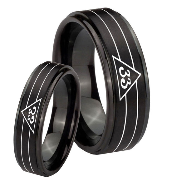 Bride and Groom Masonic 32 Duo Line Freemason Step Edges Brush Black Tungsten Carbide Men's Ring Set