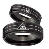 Bride and Groom Masonic 32 Duo Line Freemason Step Edges Brush Black Tungsten Carbide Men's Ring Set