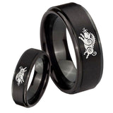 His Hers Wild Boar Step Edges Brush Black Tungsten Mens Wedding Ring Set