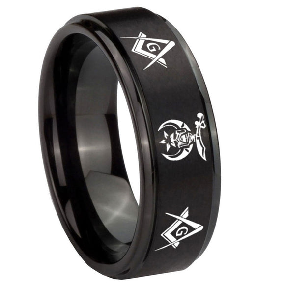 10mm Masonic Shriners Step Edges Brush Black Tungsten Wedding Bands Ring
