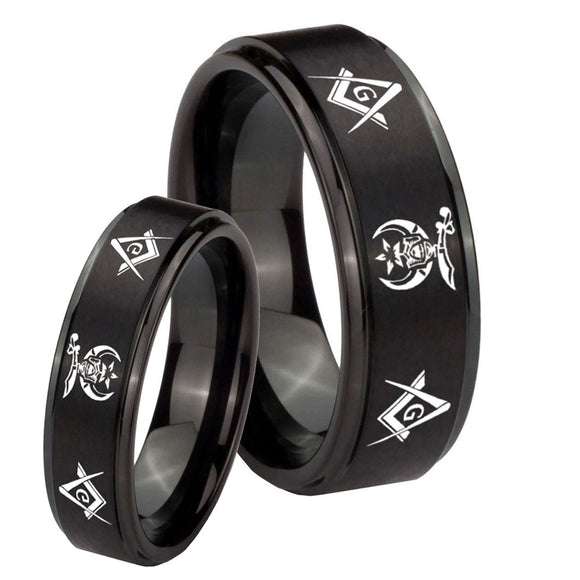 His Hers Masonic Shriners Step Edges Brush Black Tungsten Personalized Ring Set