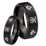 His Hers Masonic Shriners Step Edges Brush Black Tungsten Personalized Ring Set