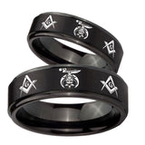 His Hers Masonic Shriners Step Edges Brush Black Tungsten Personalized Ring Set