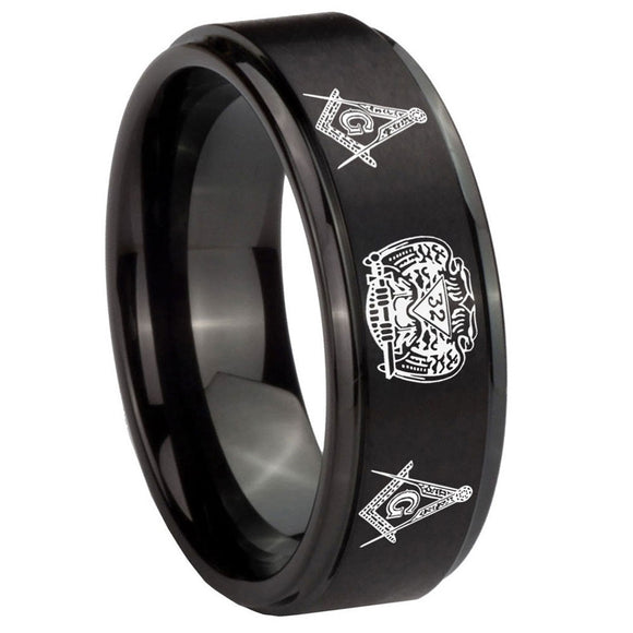 10mm Masonic 32 Design Step Edges Brush Black Tungsten Mens Engagement Ring