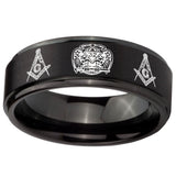 10mm Masonic 32 Design Step Edges Brush Black Tungsten Mens Engagement Ring